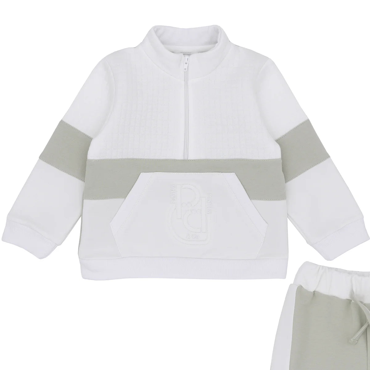 Pastels & Co Boys White and Sage Green Tracksuit Set with Half Zip Top - Harvey
