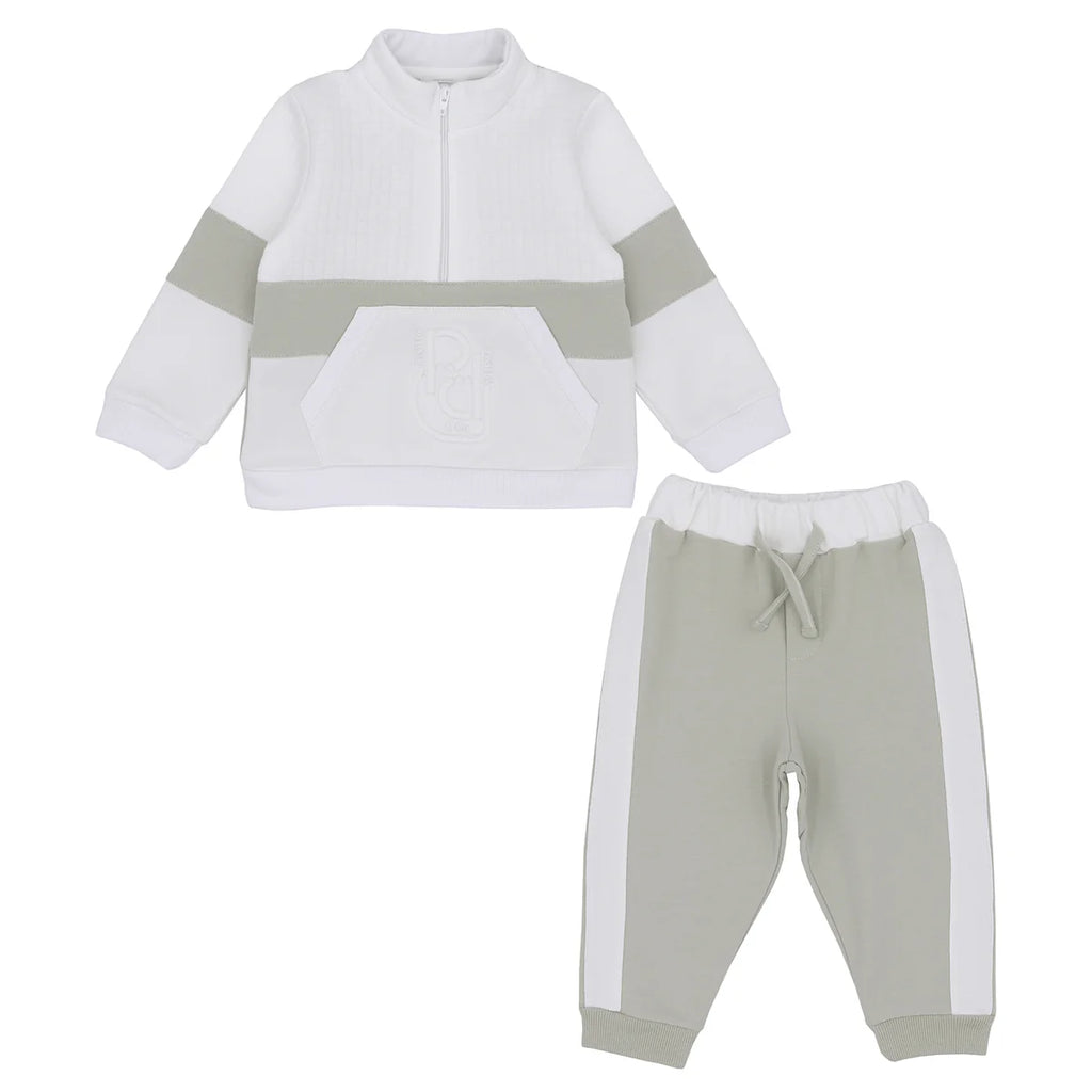 Pastels & Co Boys White and Sage Green Tracksuit Set with Half Zip Top - Harvey