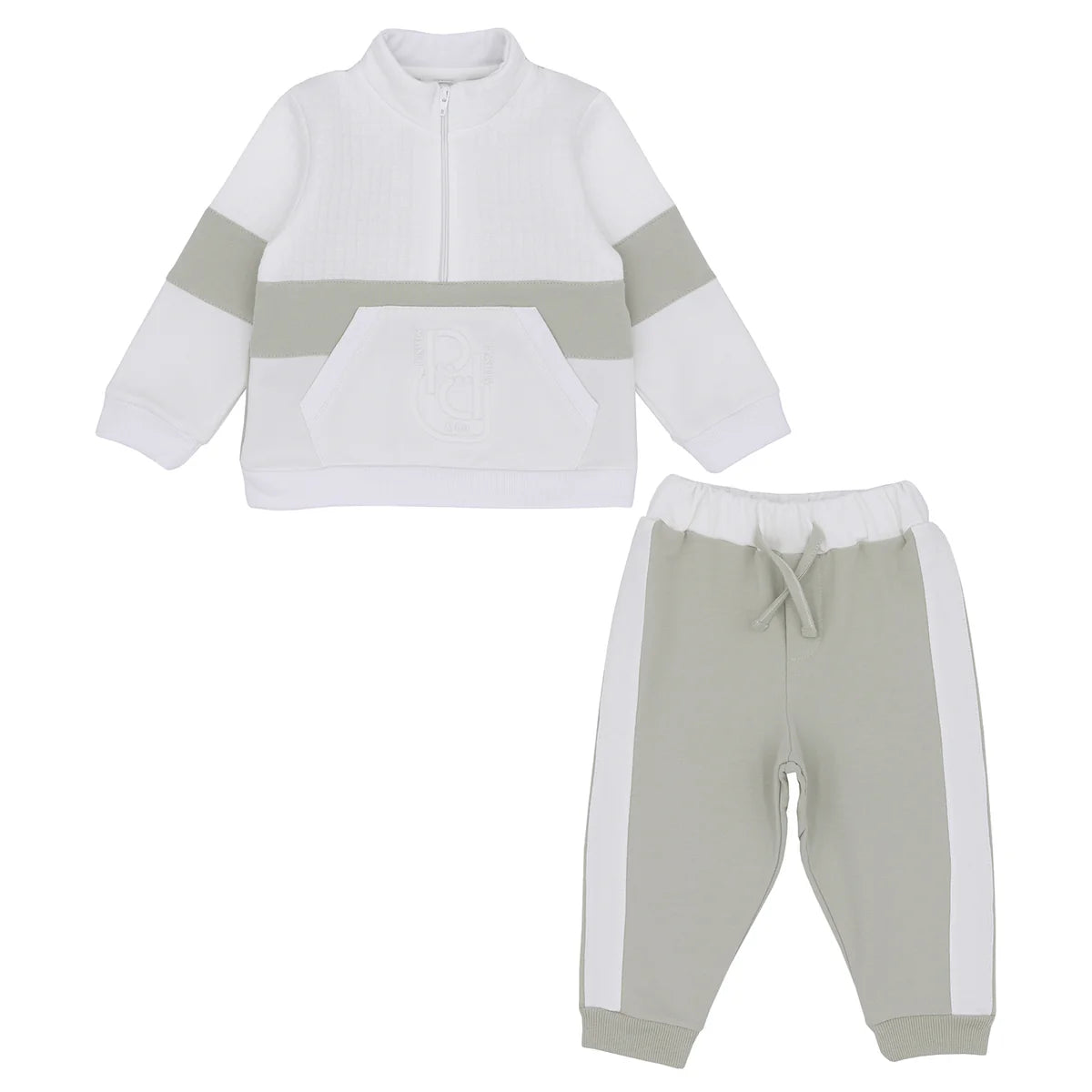 Pastels & Co Boys White and Sage Green Tracksuit Set with Half Zip Top - Harvey