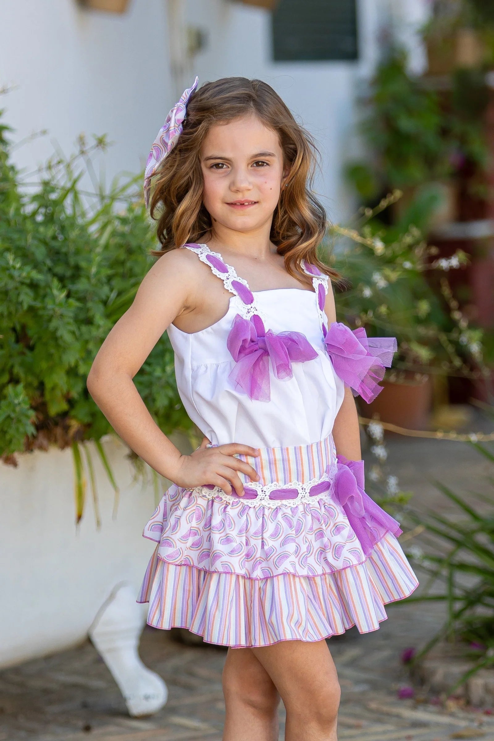 Babine Girls Purple Lemon Print Skirt Set