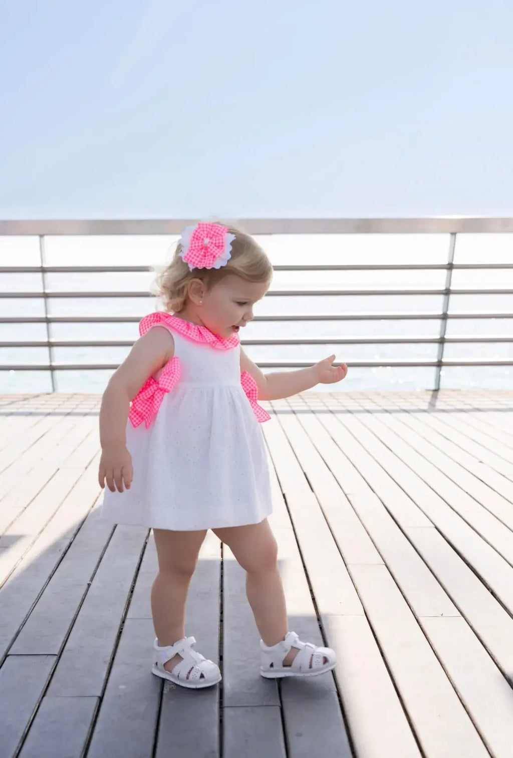 SS26 Miranda Baby Girls Gingham Dress White & Neon Pink