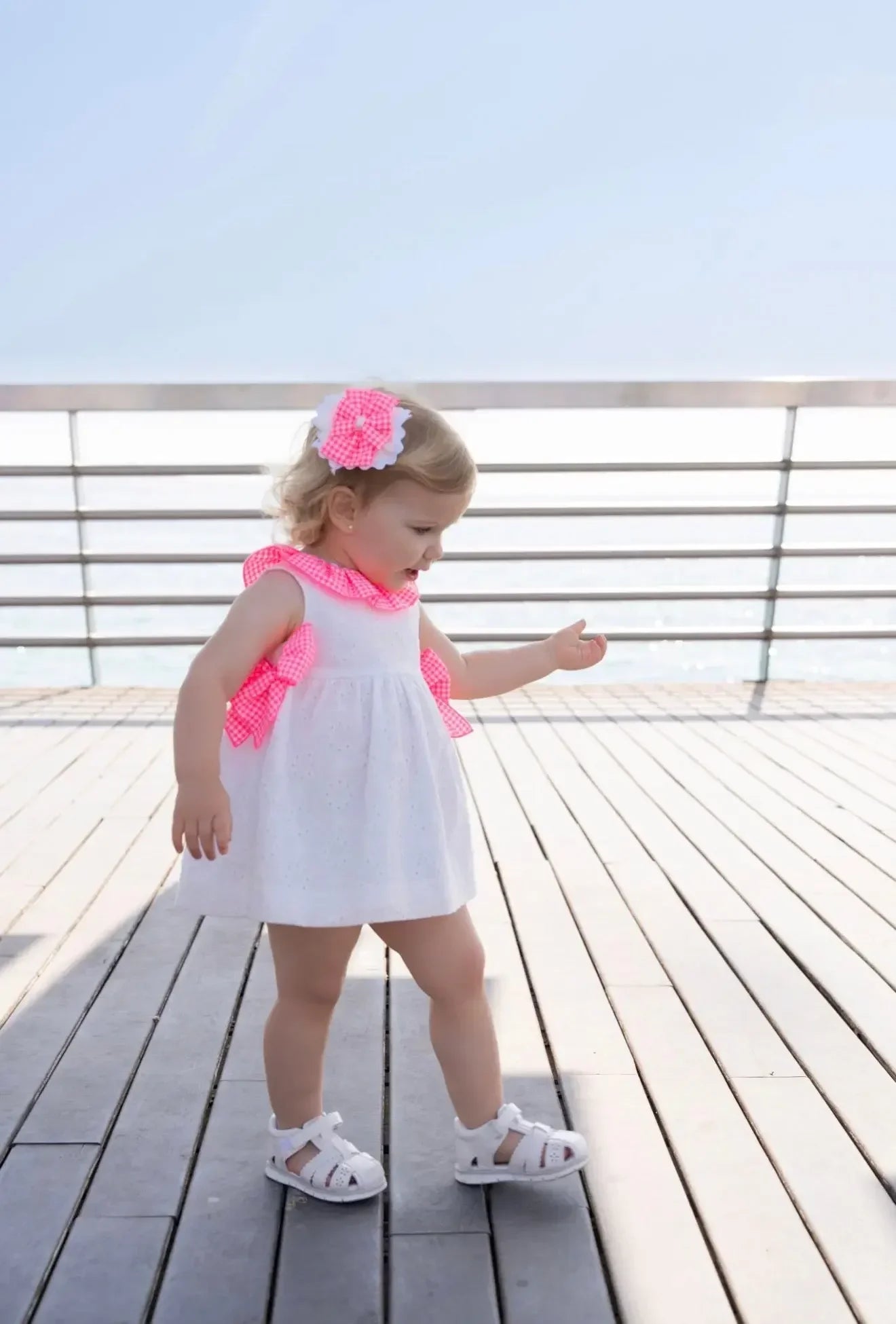 SS26 Miranda Baby Girls Gingham Dress White & Neon Pink