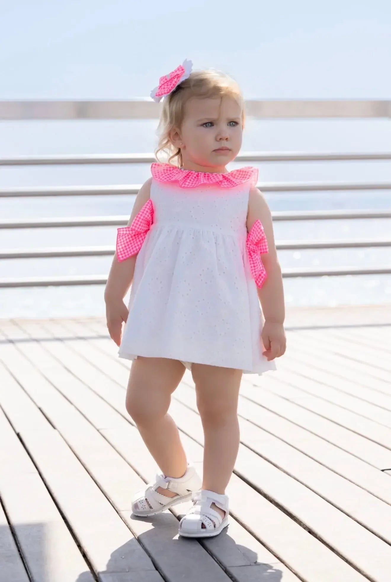 SS26 Miranda Baby Girls Gingham Dress White & Neon Pink