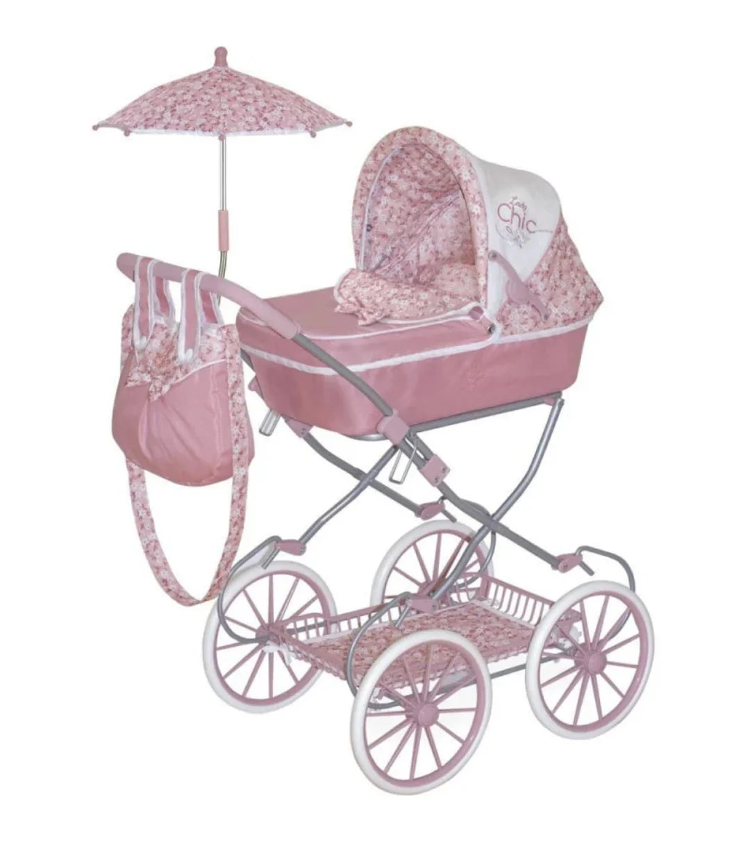 XL Reborn Dolls Pram Pink Floral with Matching Bag & Parasol