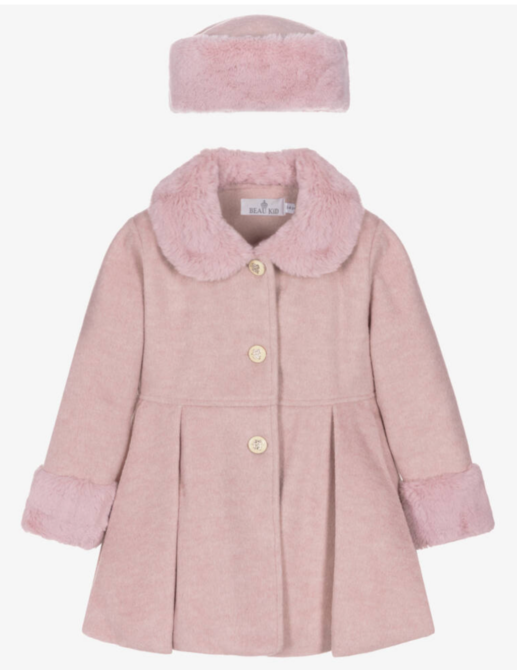 AW25 Beau KiD Girls Pink Wool & Faux Fur Coat & Hat Set