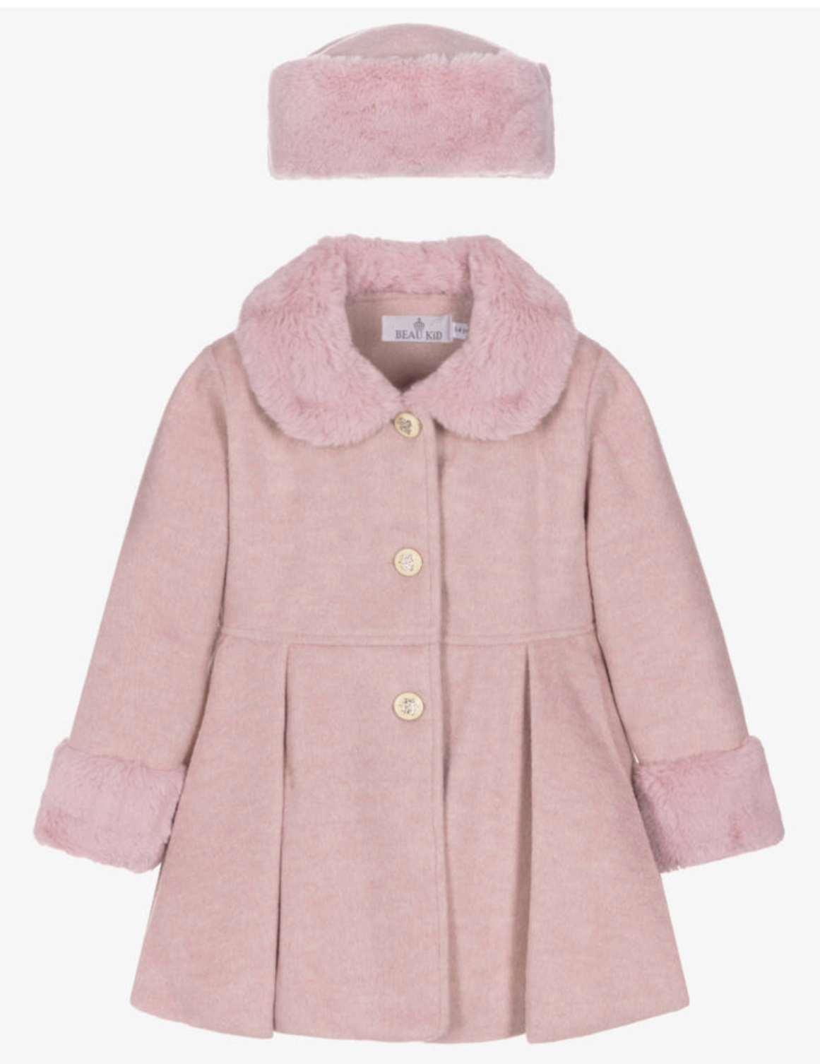 AW25 Beau KiD Girls Pink Wool & Faux Fur Coat & Hat Set