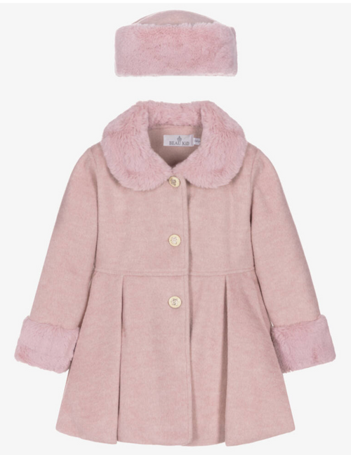 AW25 Beau KiD Girls Pink Wool & Faux Fur Coat & Hat Set