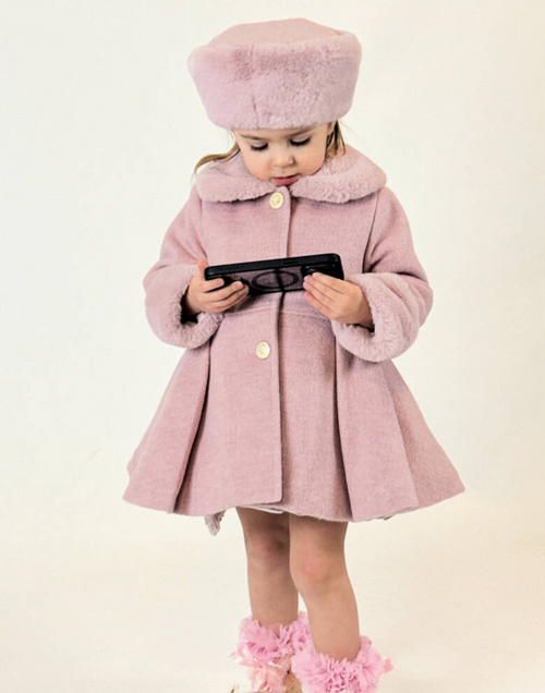 AW25 Beau KiD Girls Pink Wool & Faux Fur Coat & Hat Set