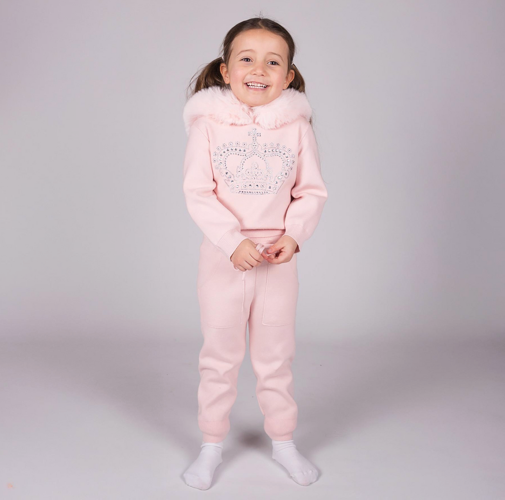 AW25 Beau KiD Girls Pink Knitted Diamanté Crown Tracksuit