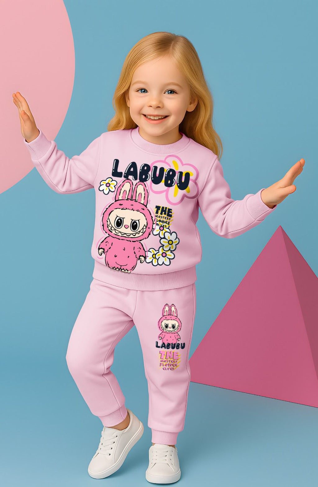 Girls Labubu Style 2 Piece Tracksuit Set Printed Sweatshirt and Joggers Light Pink
