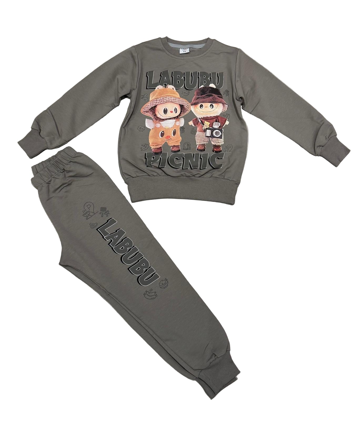 Unisex Labubu Style Tracksuit Set Printed Sweatshirt and Joggers Grey