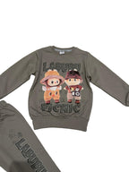 Unisex Labubu Style Tracksuit Set Printed Sweatshirt and Joggers Grey