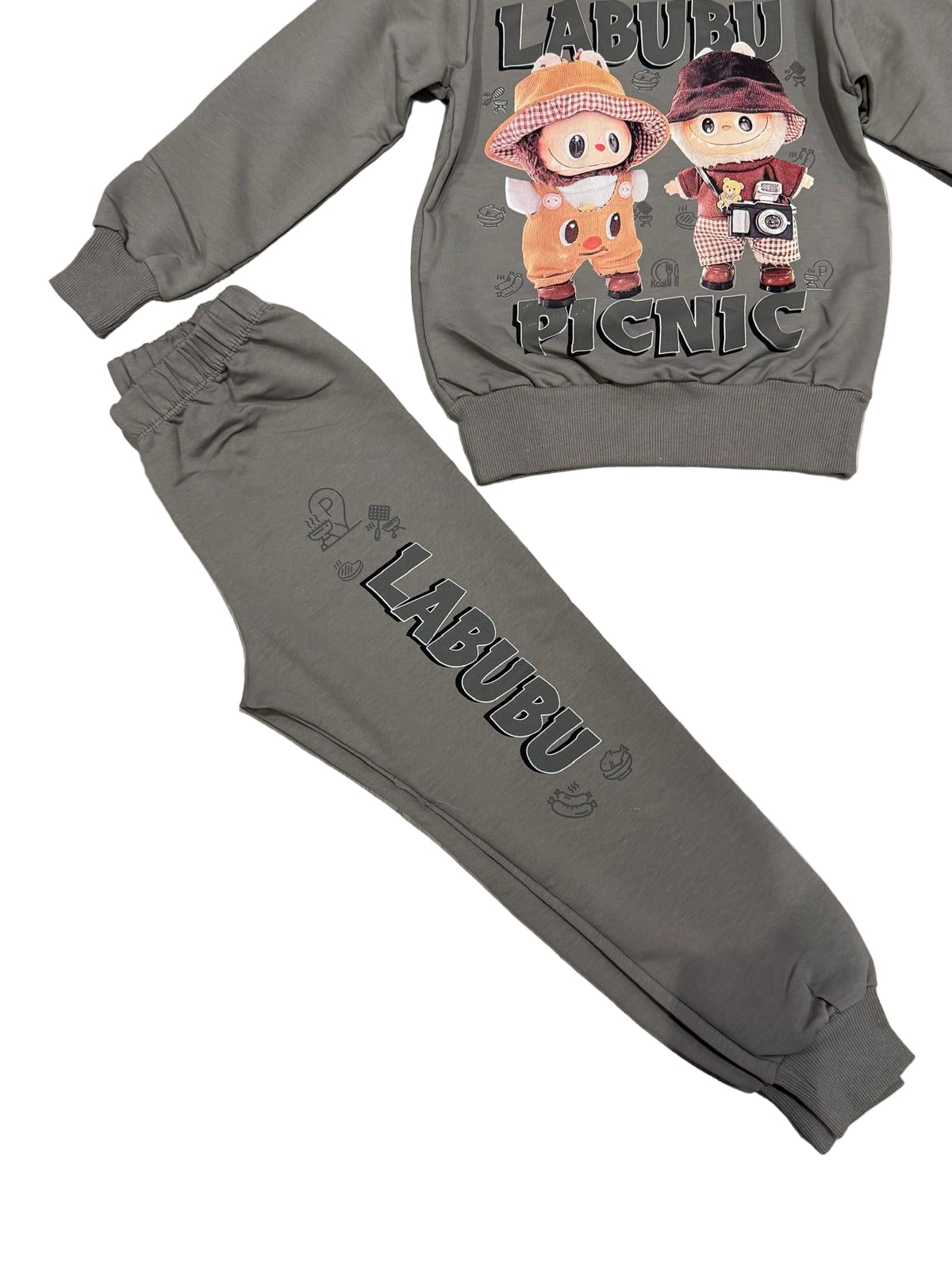 Unisex Labubu Style Tracksuit Set Printed Sweatshirt and Joggers Grey