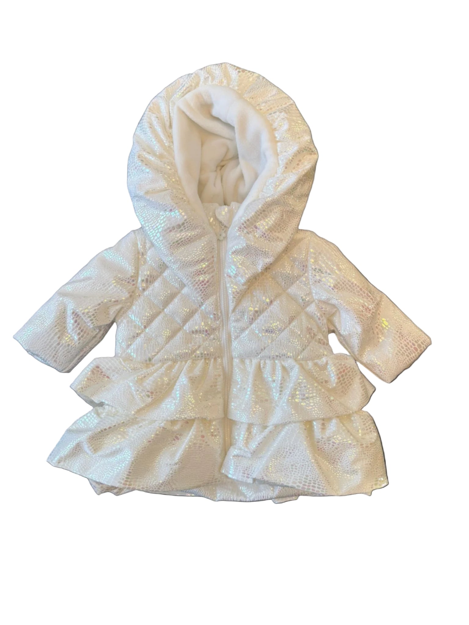 Girls Iridescent Winter Coat Fleece Lined with Hood, Sizes 3M to 5Y, White or Pink