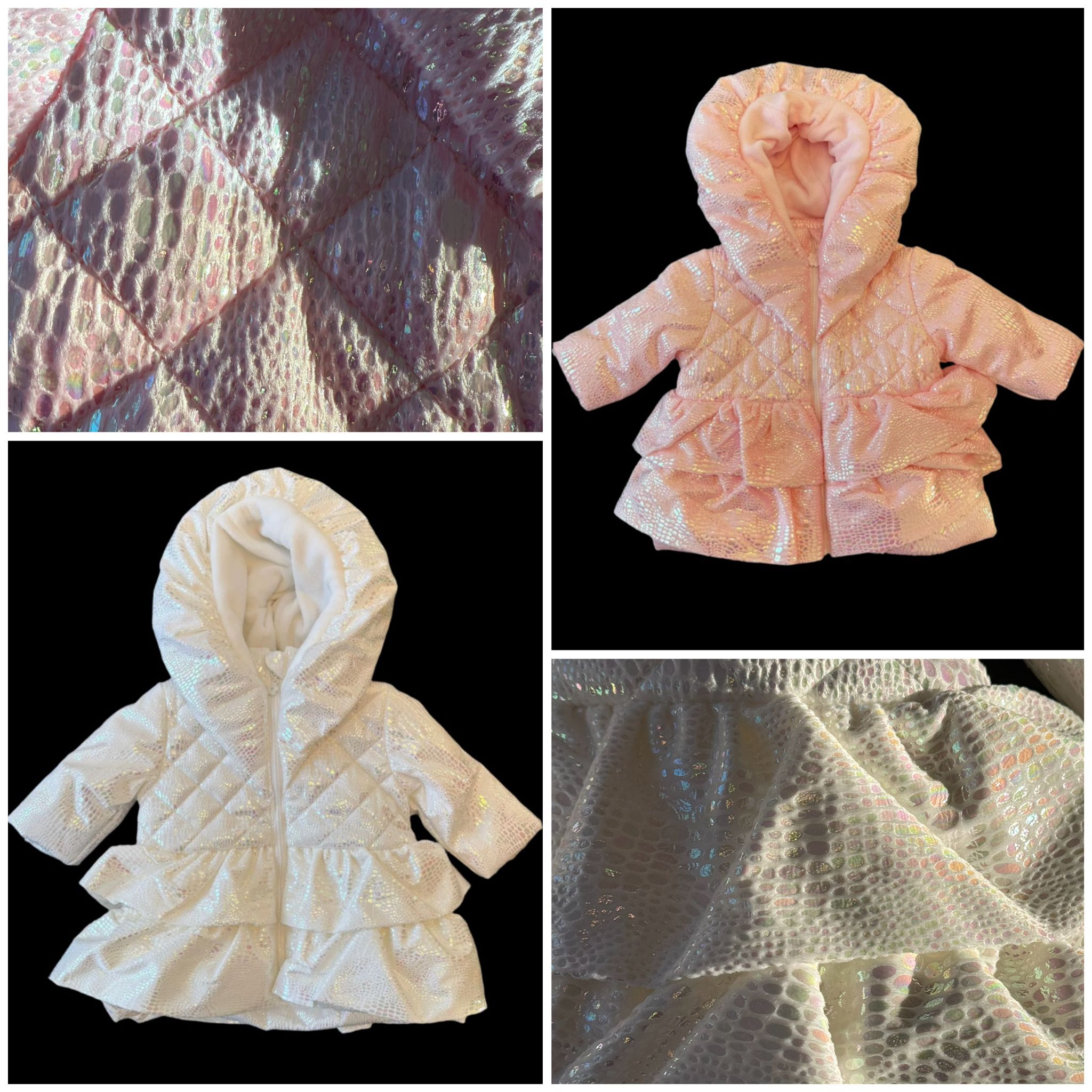 Girls Iridescent Winter Coat Fleece Lined with Hood, Sizes 3M to 5Y, White or Pink