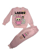 Girls Labubu Style 2 Piece Tracksuit Set Printed Sweatshirt and Joggers Light Pink