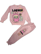 Girls Labubu Style 2 Piece Tracksuit Set Printed Sweatshirt and Joggers Light Pink