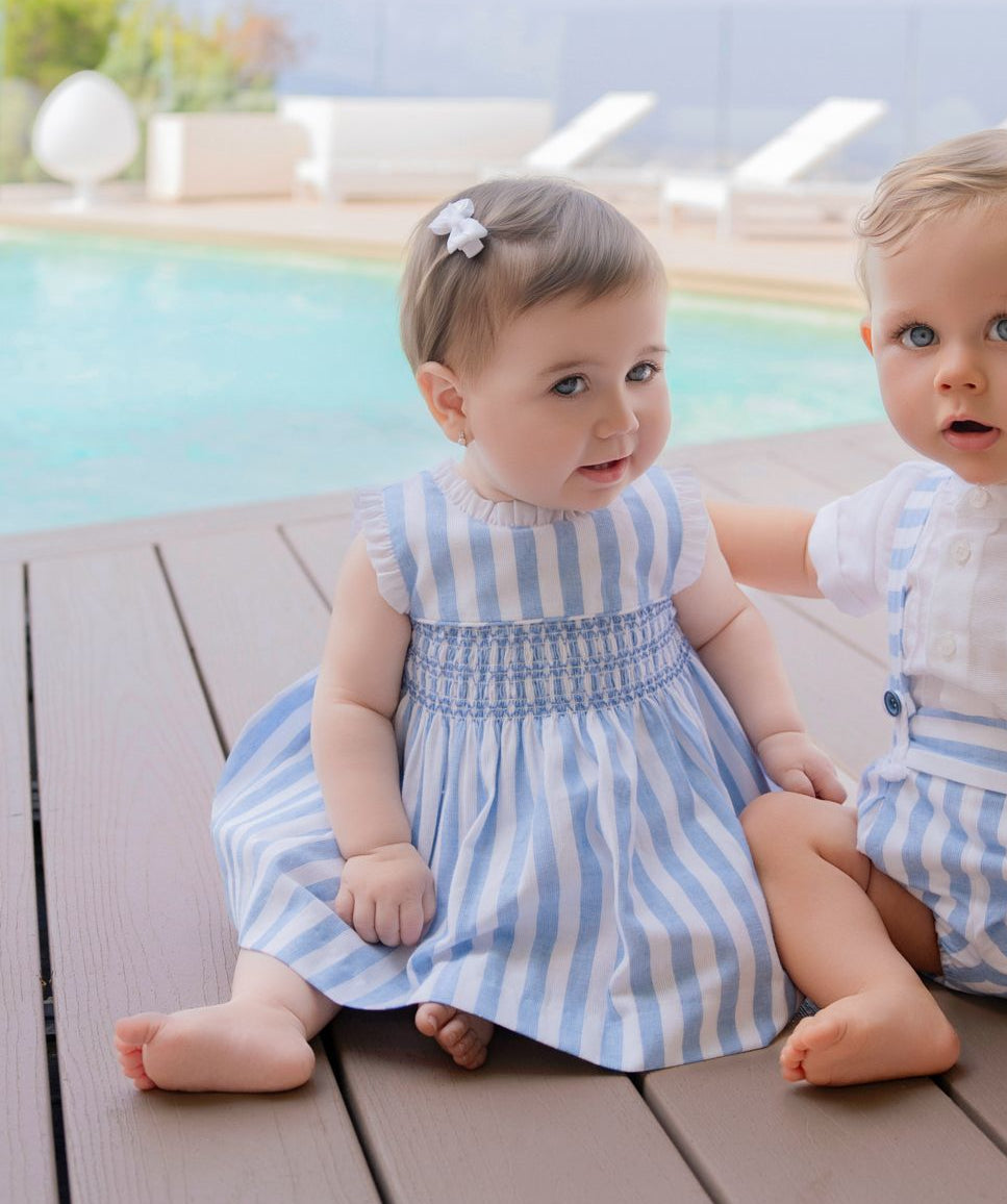 SS26 Miranda Baby Girls White & Blue Stripe Dress