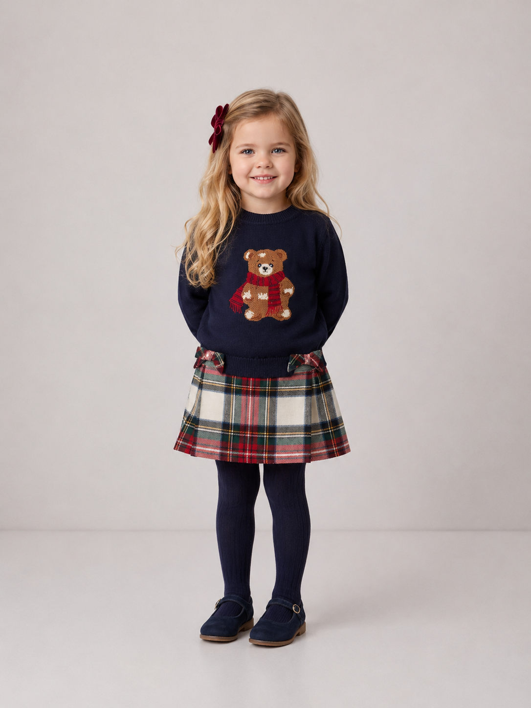 Pre Order AW26 Deolinda Knit Top Teddy Bear Tartan Skirt Set