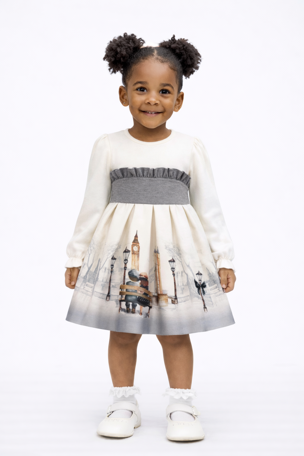 AW25 Miranda Baby Girls Cream & Grey London Scene Print Dress