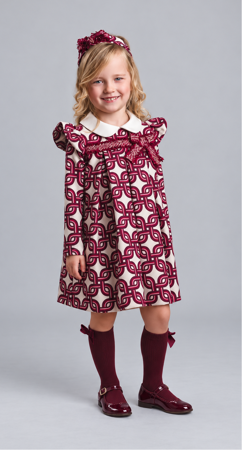 AW26 Rochy Girls Burgundy Chain Print Bow Dress
