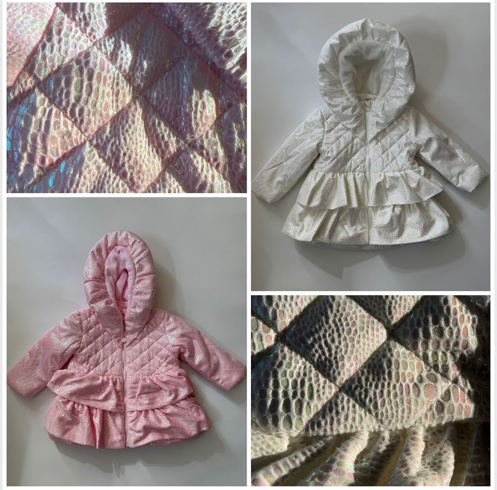Girls Iridescent Winter Coat Fleece Lined with Hood, Sizes 3M to 5Y, White or Pink