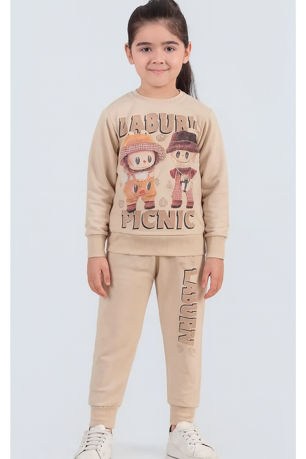 Unisex Labubu Style Tracksuit Set Printed Sweatshirt and Joggers Beige