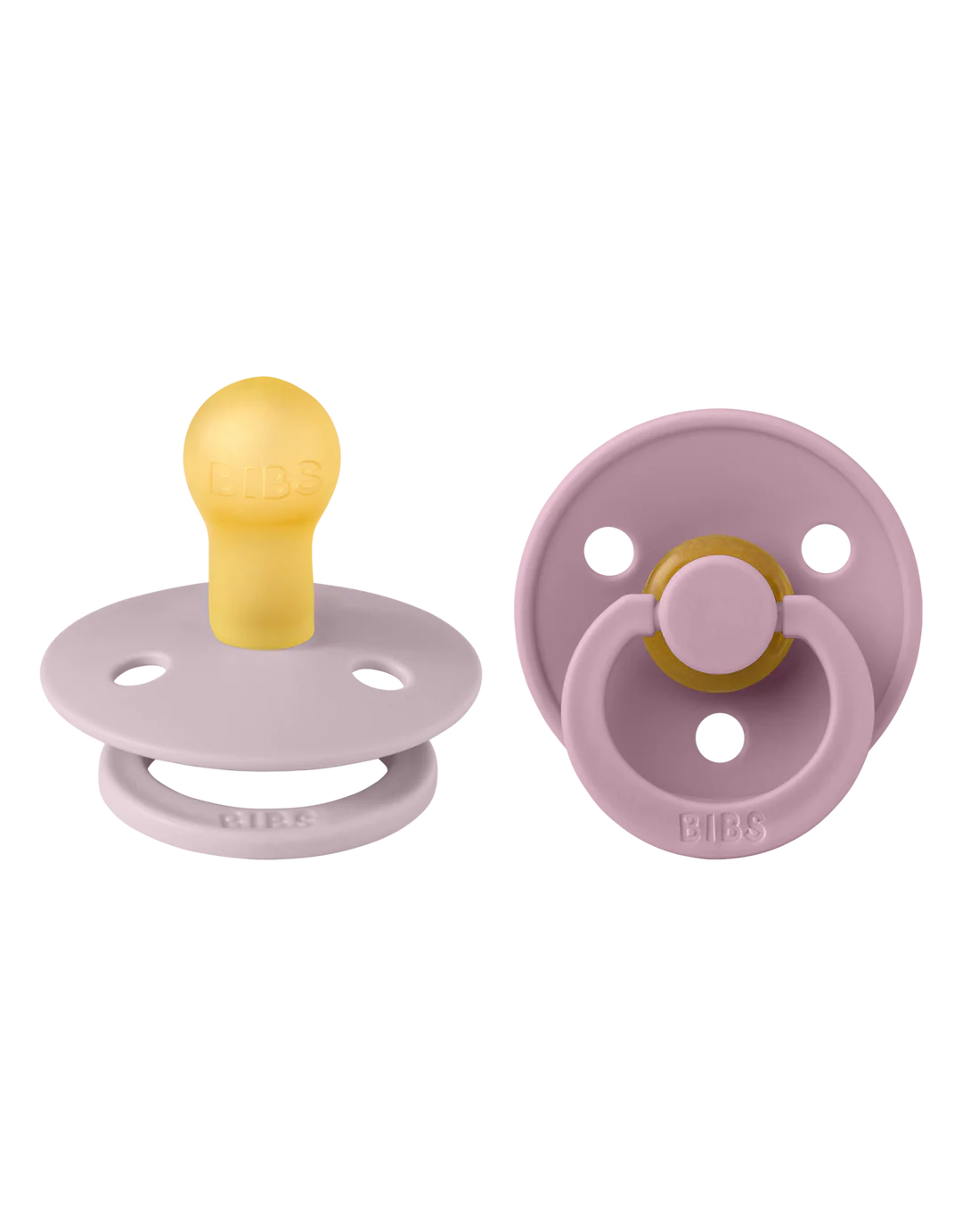 BIBS Colour Round Soother / Dummy 2 Pack Latex – Dusky Lilac & Heather (Size 1, 0+ Months) [110263]