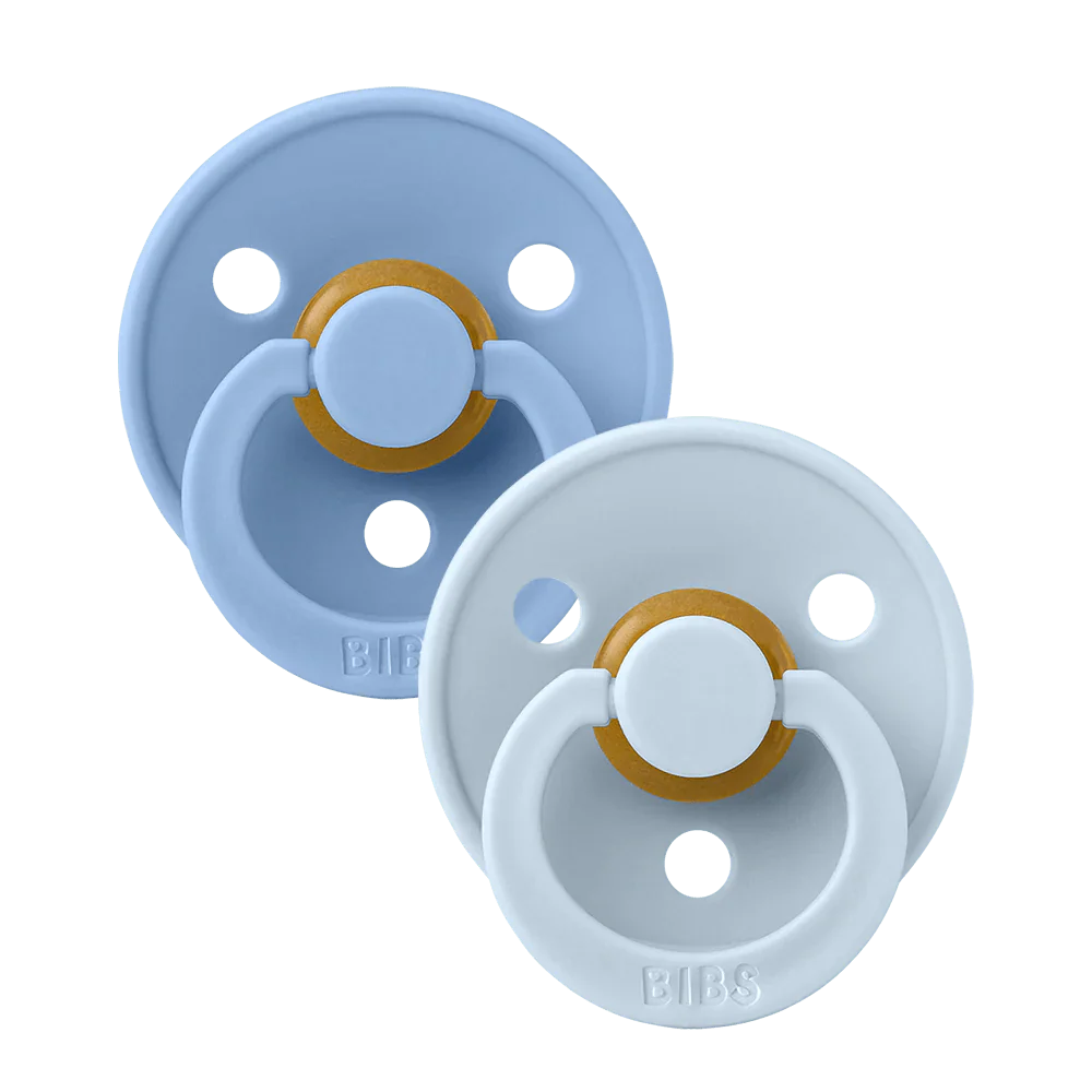 BIBS Colour Round Soother / Dummy 2 Pack Latex – Sky Blue & Baby Blue (Size 1, 0+ Months) [110214]