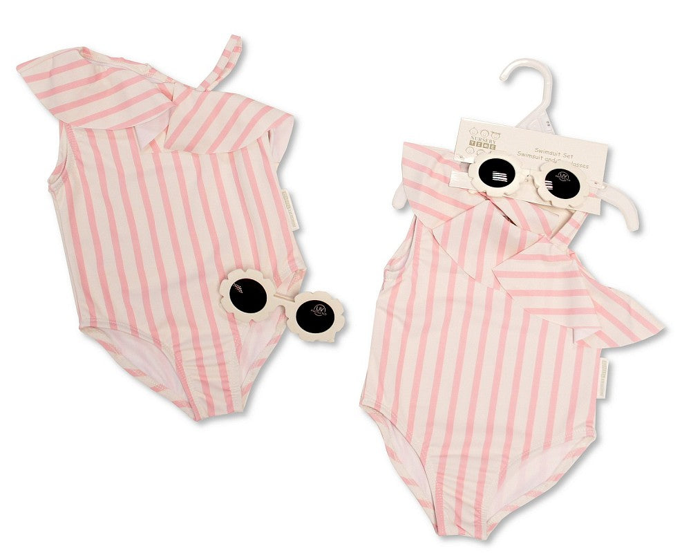 Baby Girls Ruffle Detail Pink Striped Swimsuit with Sunglasses