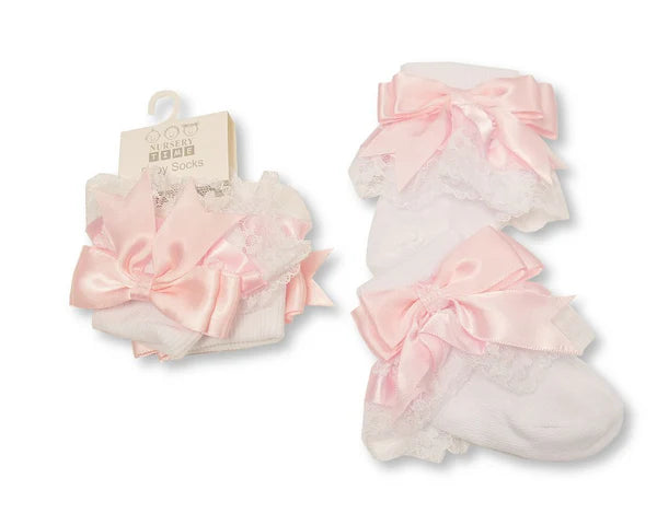 Baby Girls Bow Ankle Socks with Lace Detail (Multiple Colours)