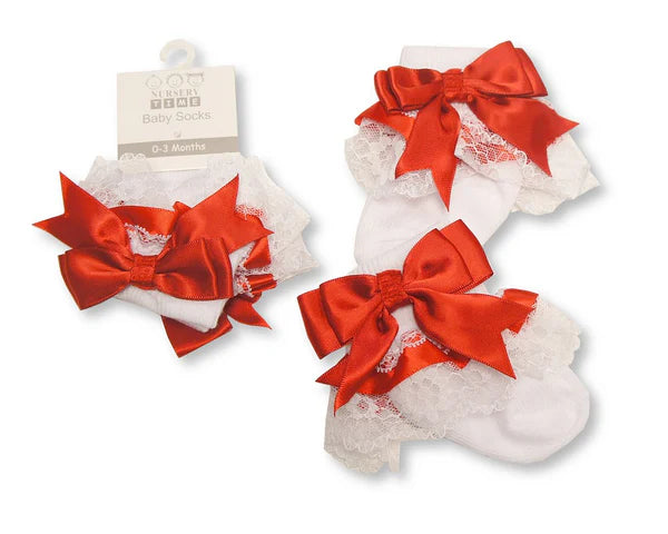Baby Girls Bow Ankle Socks with Lace Detail (Multiple Colours)