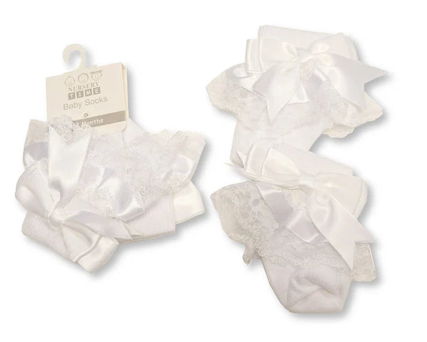 Baby Girls Bow Ankle Socks with Lace Detail (Multiple Colours)