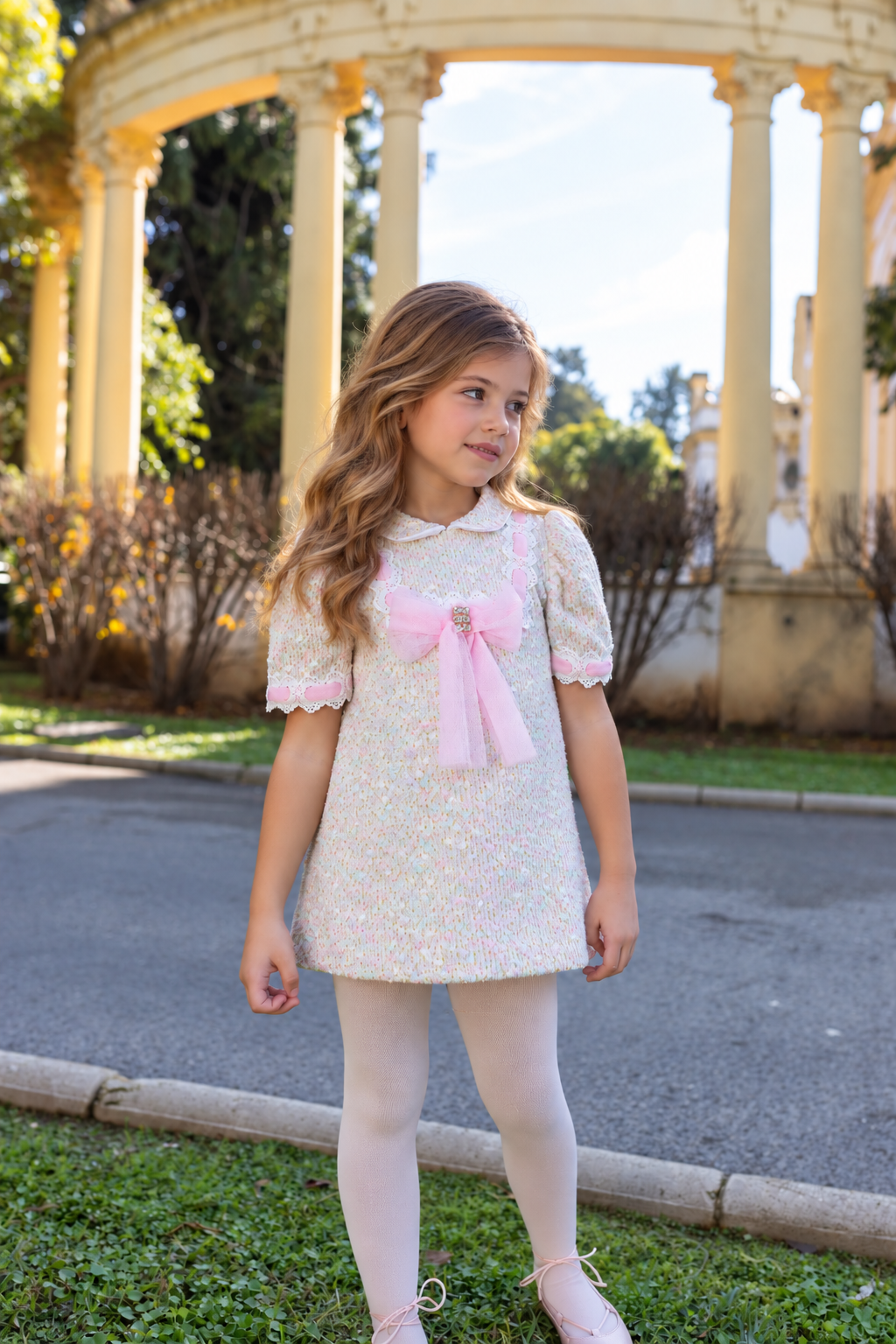 AW26 Naxos Girls Pink Tweed & Tulle Bow Dress