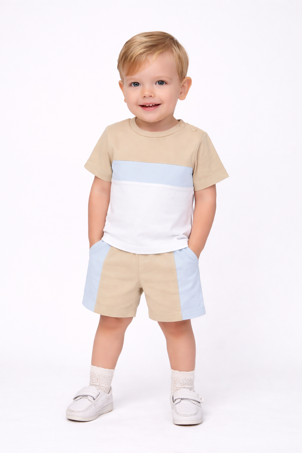 SS26 Deolinda Boys Beige & Baby Blue Contrast Short Set