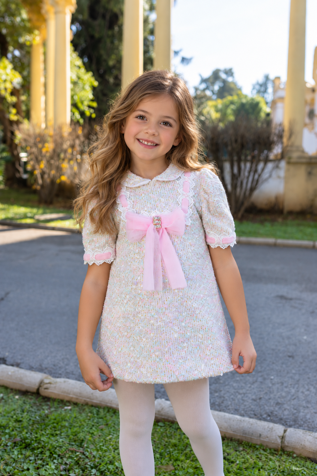 AW26 Naxos Girls Pink Tweed & Tulle Bow Dress