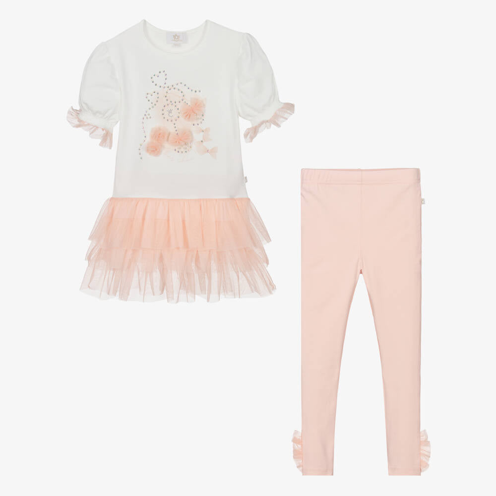 Caramelo Kids Girls Peach Cotton & Tulle Leggings Set