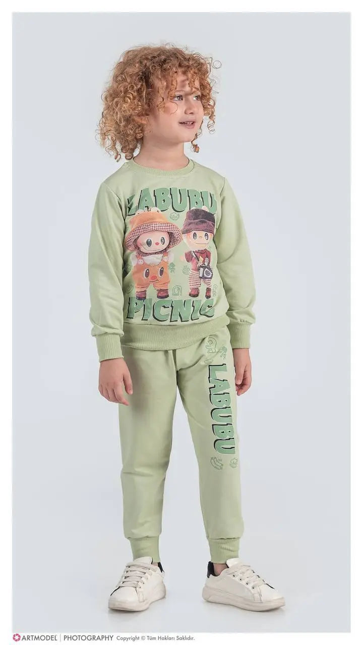 Unisex Labubu Style Tracksuit Set Printed Sweatshirt and Joggers Green