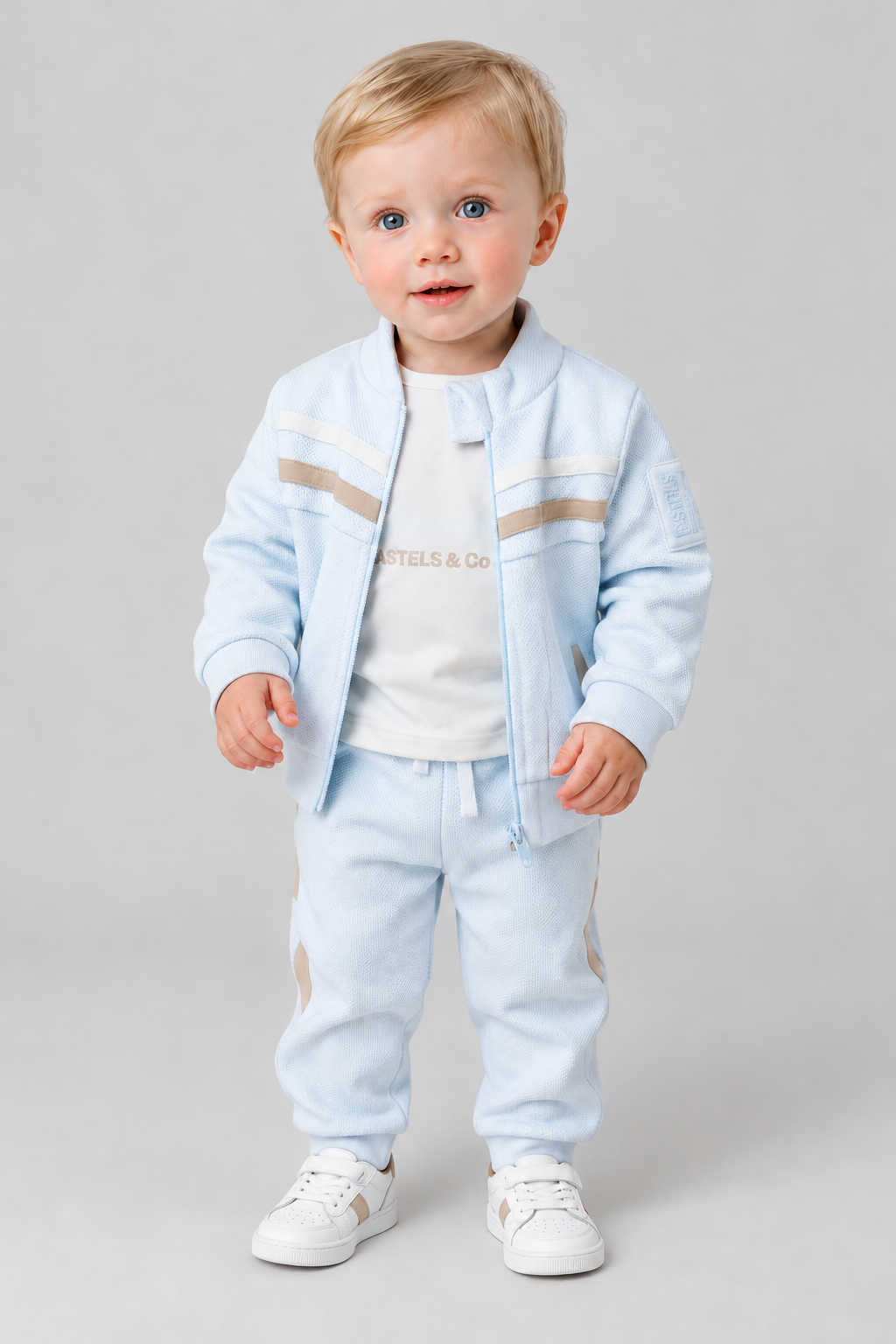AW26 Pastels & Co Boys Blue & Beige Hooded 3 Piece Track Suit - Philip
