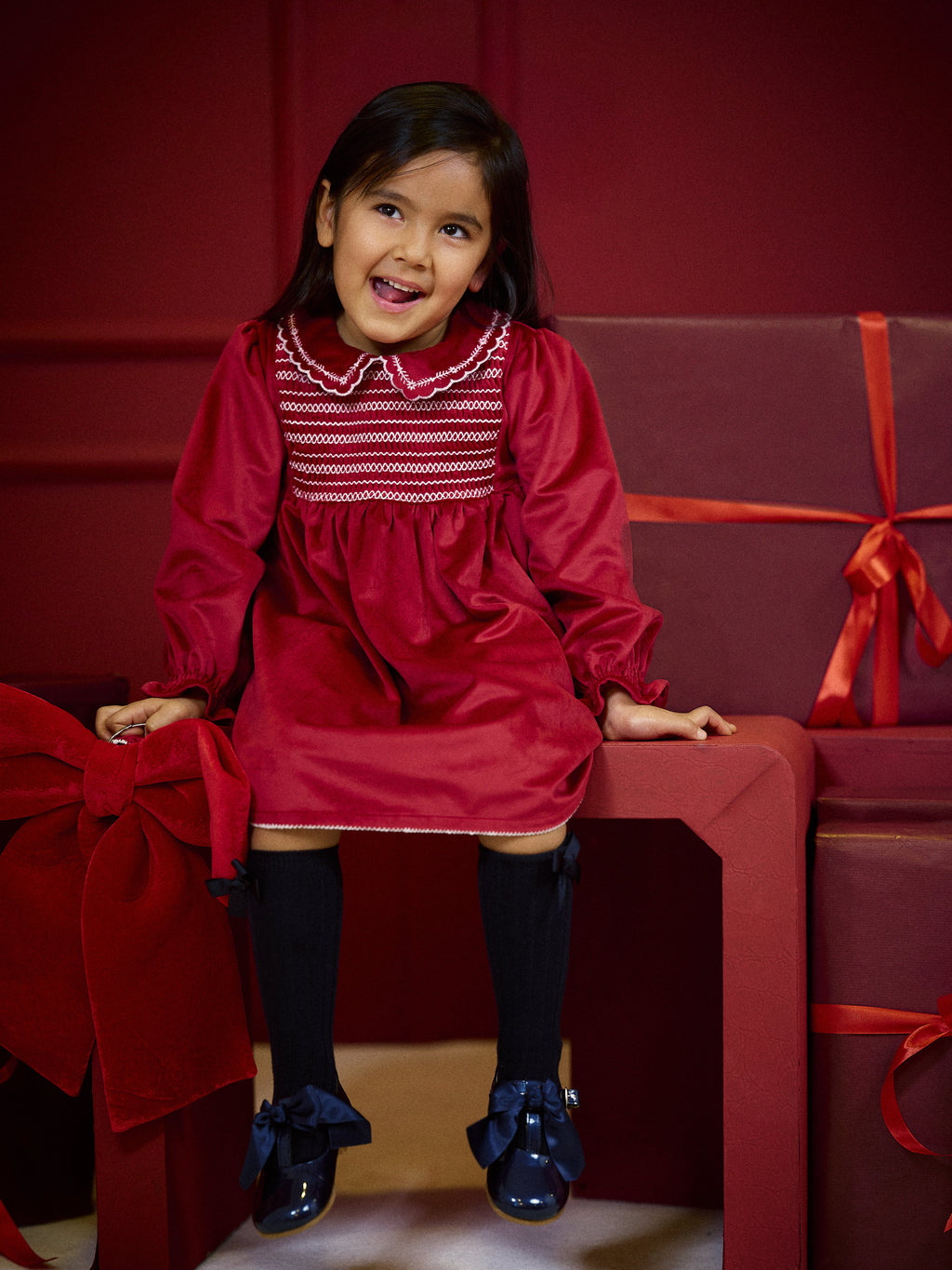 AW26 Deolinda Girls Red Velvet Smocked Velvet Dress