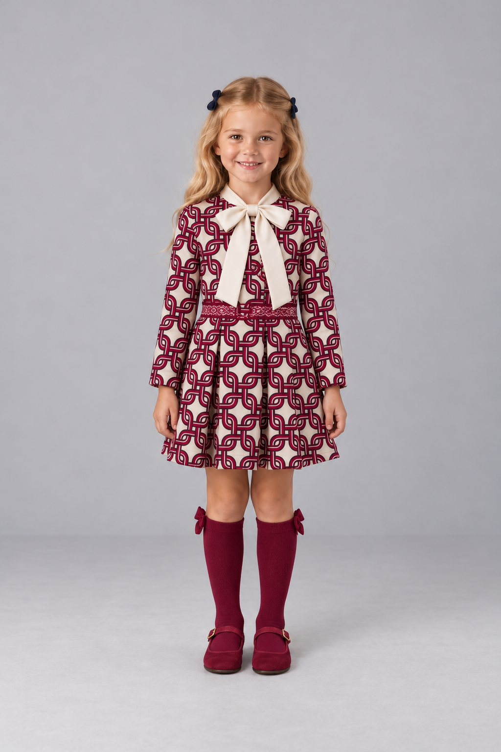 AW26 Rochy Girls Burgundy Chain Print Dress