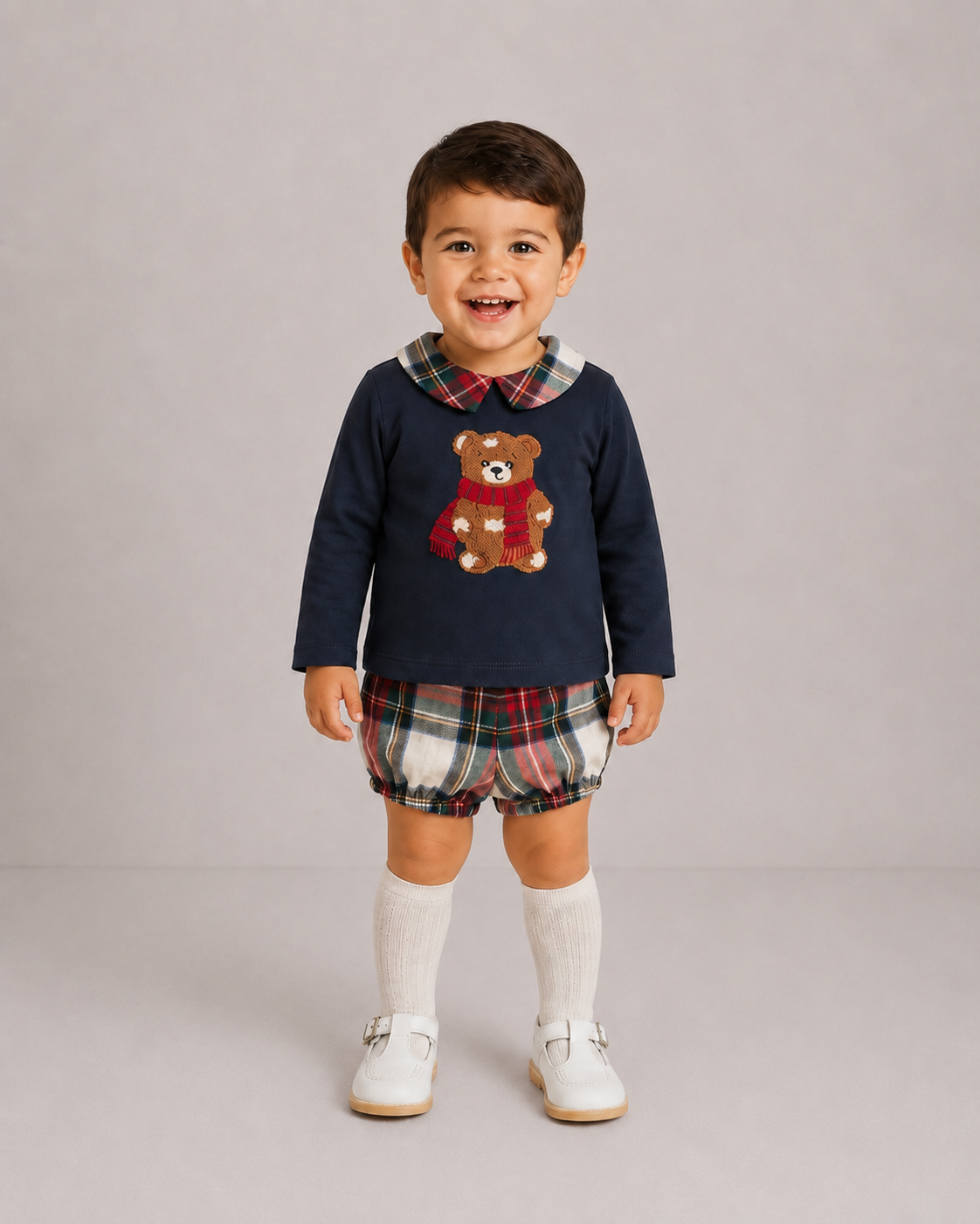 Preorder AW26 Deolinda Boys Navy Teddy Bear & Tartan Jam Pant Set