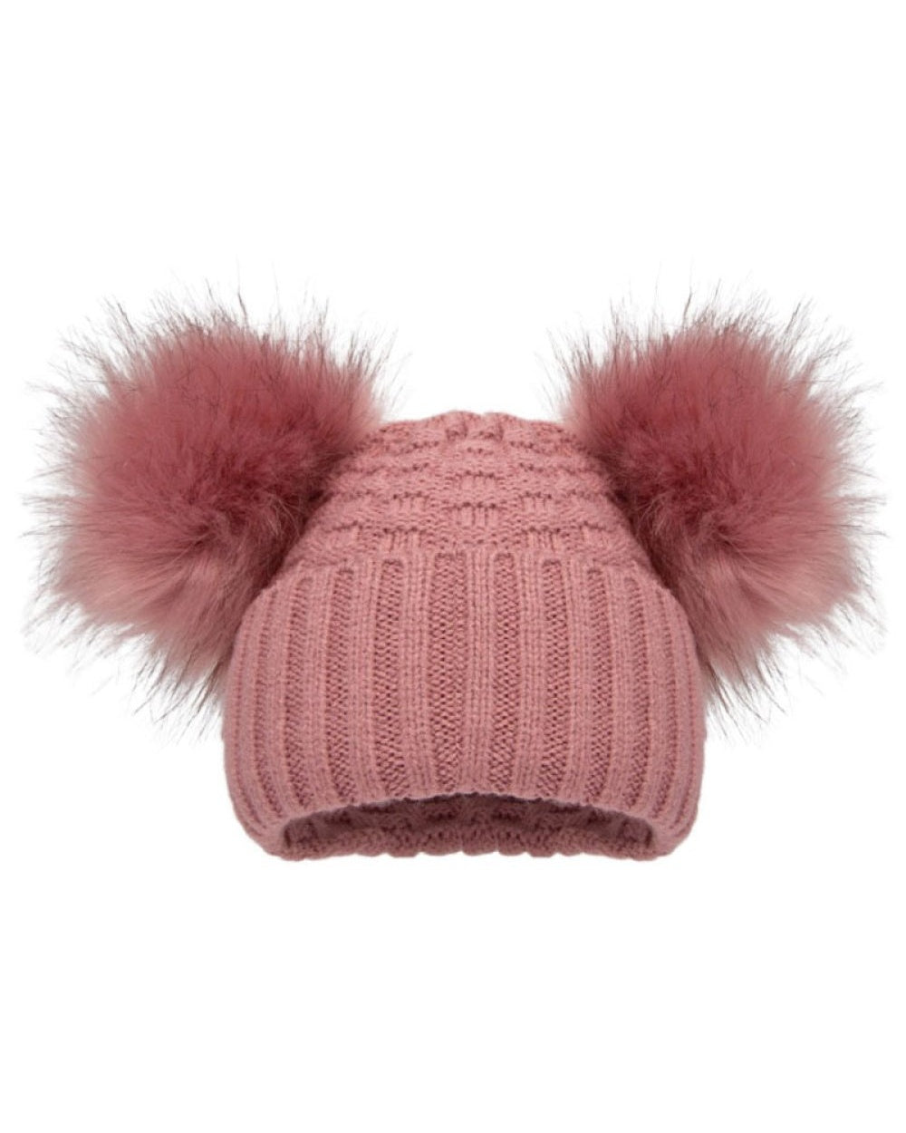 Baby Girls Dusky Pink Cable Knit Double Pom Hat