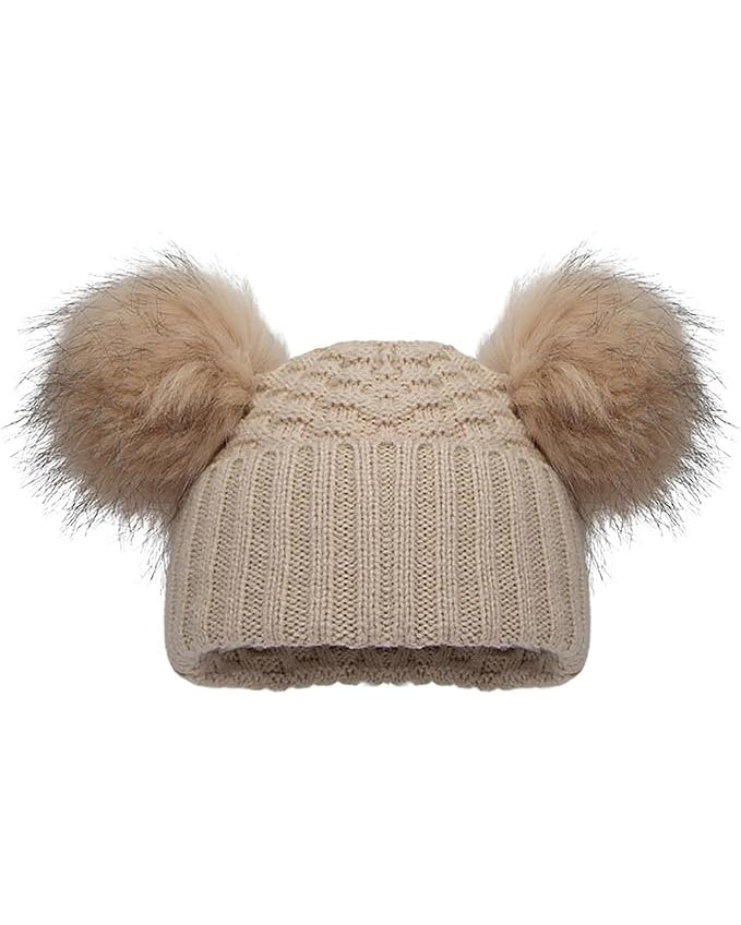 Unisex Beige Cable Knit Double Pom Hat