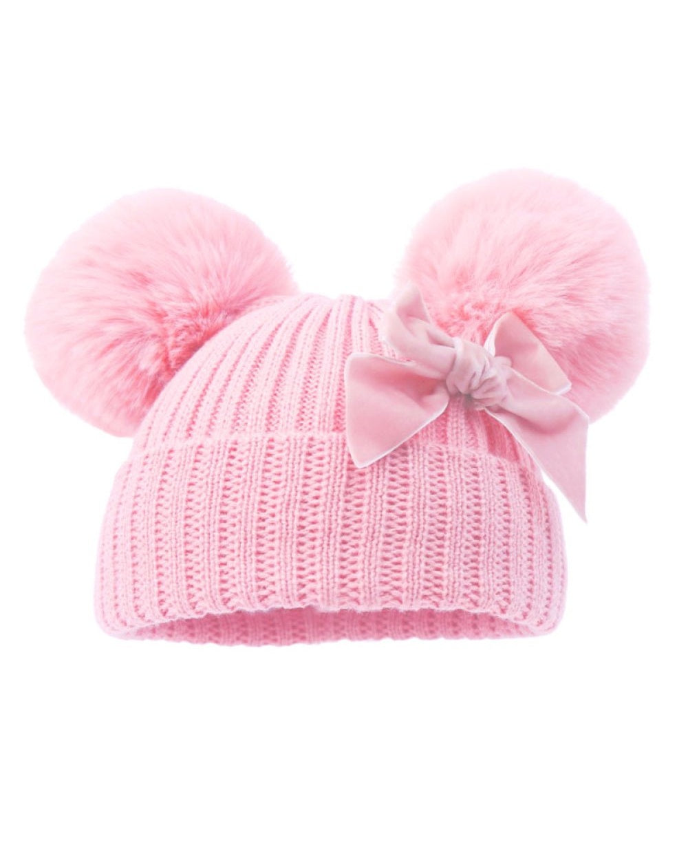 Baby Girls Pink Cable Knit Double Pom Hat with Bow