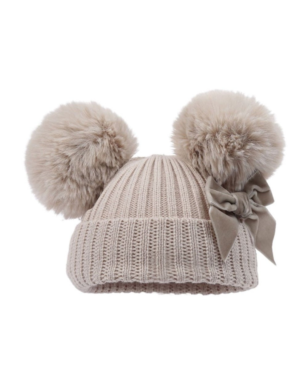 Baby Girls Beige Cable Knit Double Pom Hat with Bow