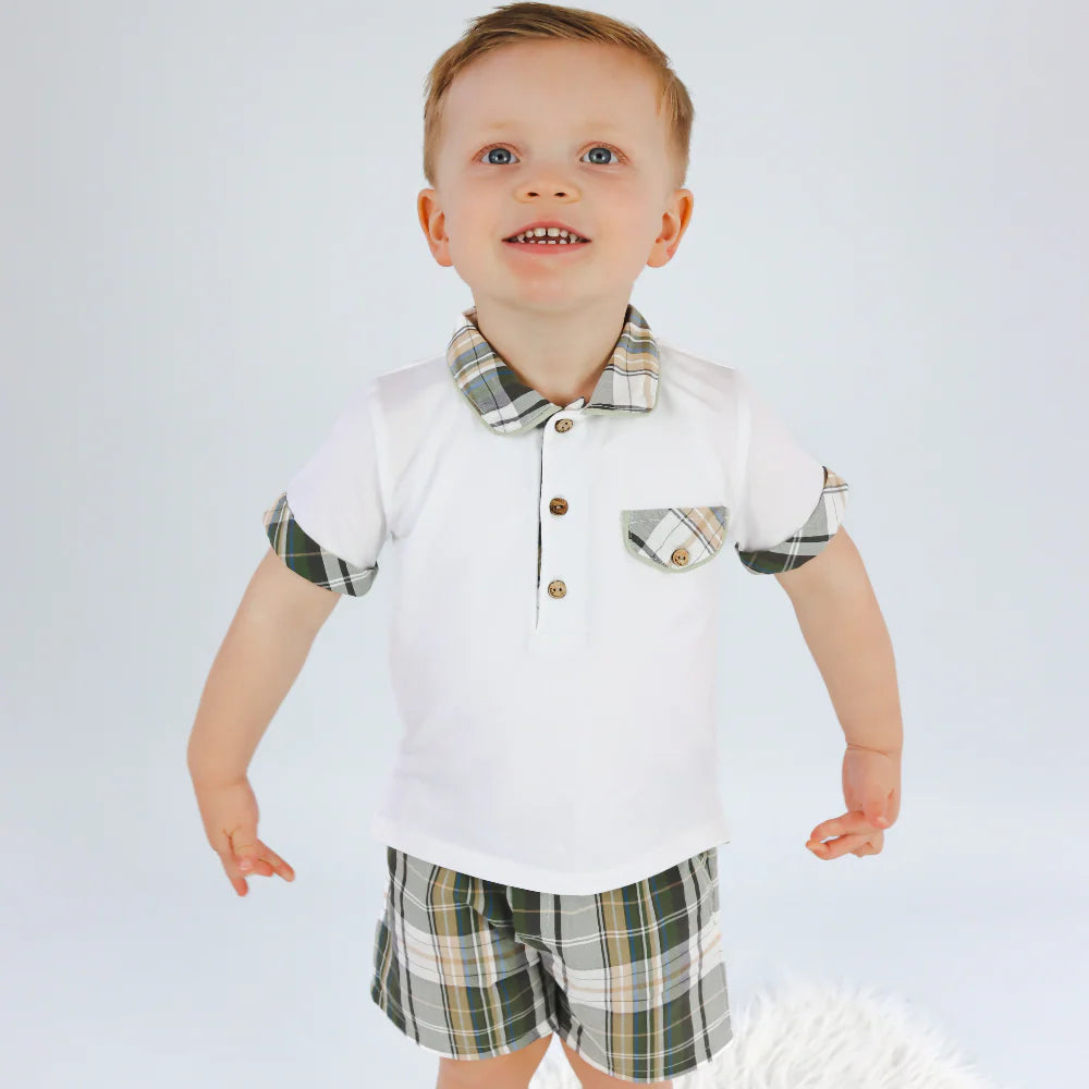 Deolinda Boys Olive Check Polo & Shorts Set