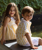 Deolinda Girls Lemon Striped Dress with Daisy Detail