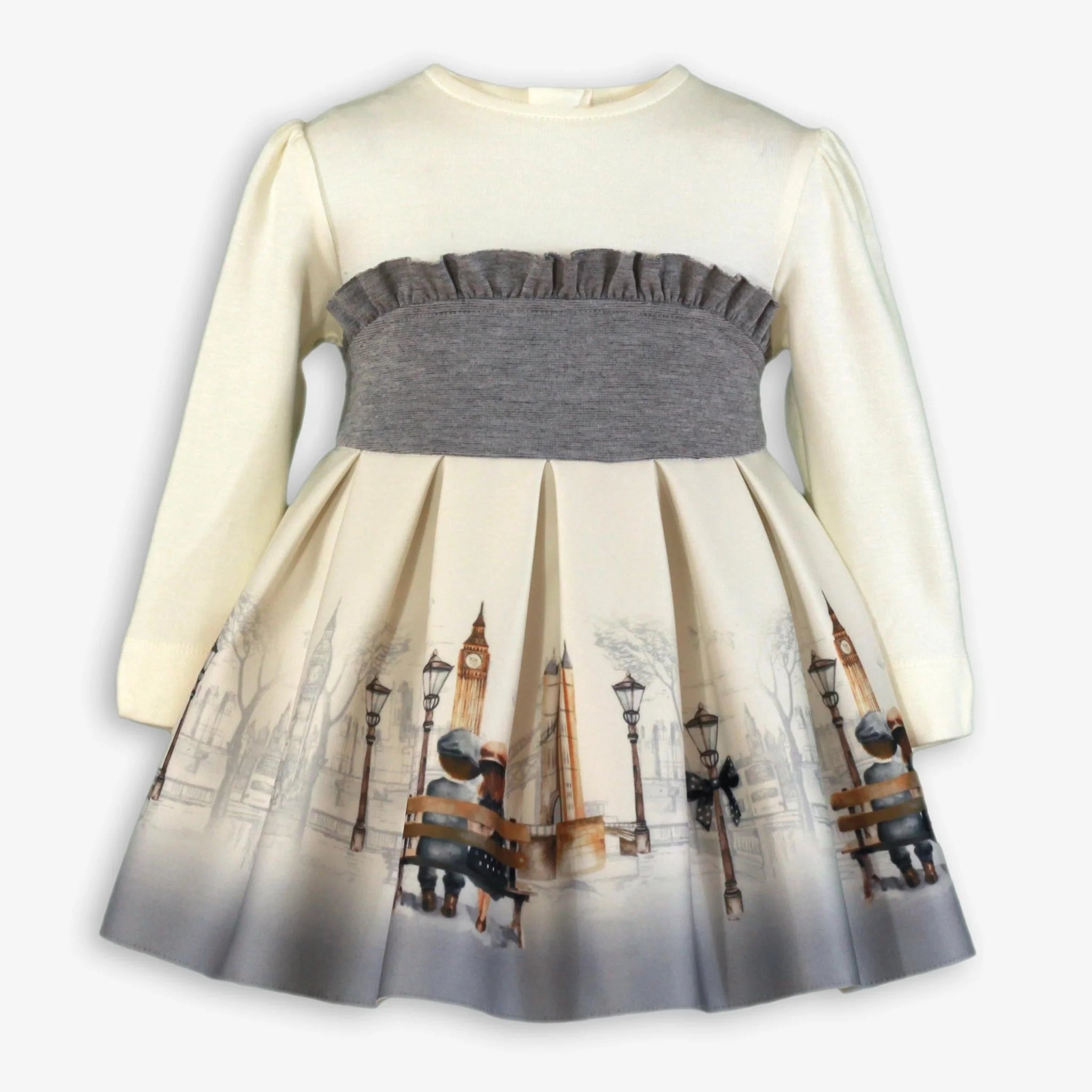 AW25 Miranda Baby Girls Cream & Grey London Scene Print Dress Baby Basics Grays AW25 Miranda Baby Girls Cream & Grey London Scene Print Dress Baby Basics Grays