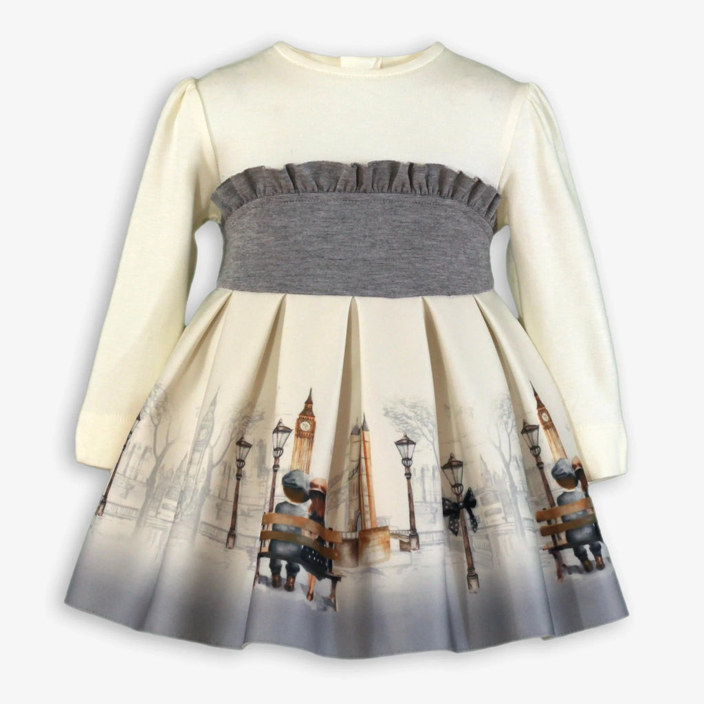 AW25 Miranda Baby Girls Cream & Grey London Scene Print Dress